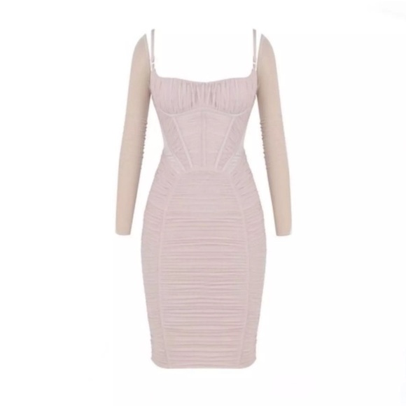 House of CB Freyja Satin Ruched Long Sleeve Body-Con Dress Pink M reg cup - Picture 8 of 12